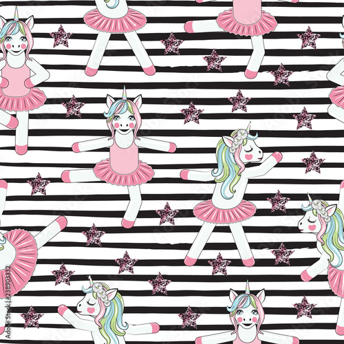 PATTERN WITH Cute Unicorn ballerina on black lines. Can be used for baby t-shirt print