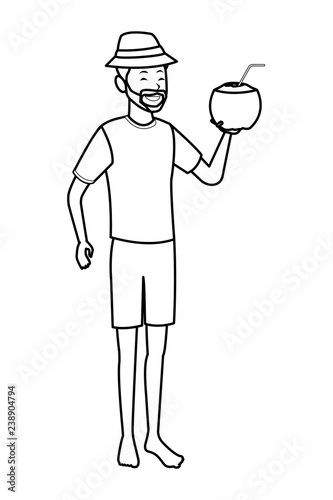 man with coconut drink black and white