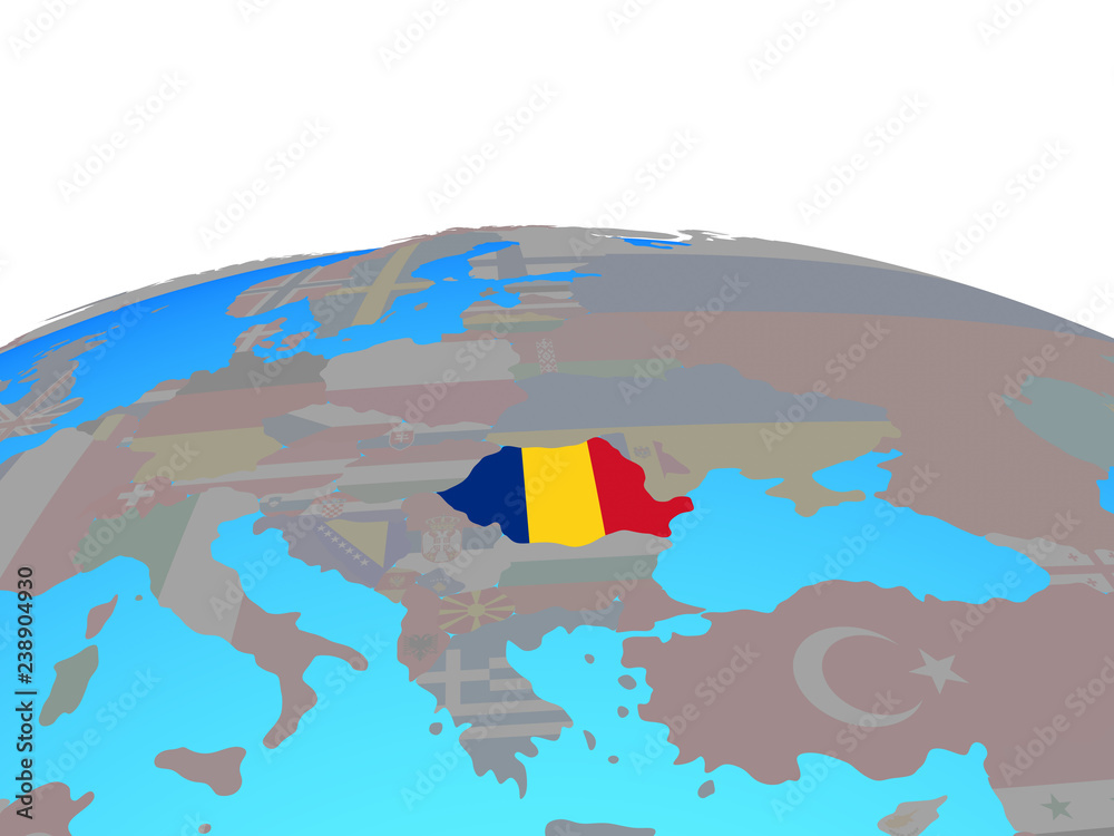 Romania with national flag on political globe.