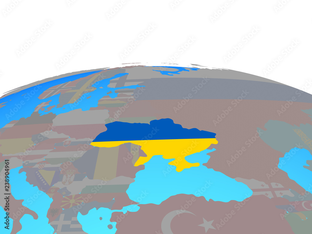 Ukraine with national flag on political globe.