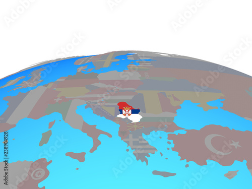 Serbia with national flag on political globe. © harvepino