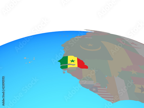 Senegal with national flag on political globe.