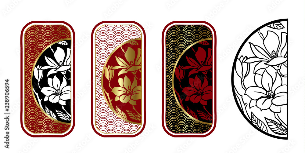 Fototapeta premium Set of stamps with magnolias in Chinese style