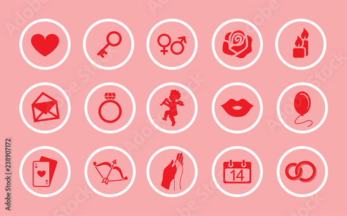 A set of vector pictures on love. Symbol heart, key, calendar, angel, hands, rose candles playing cards letter ring lips balloon Mars Venus