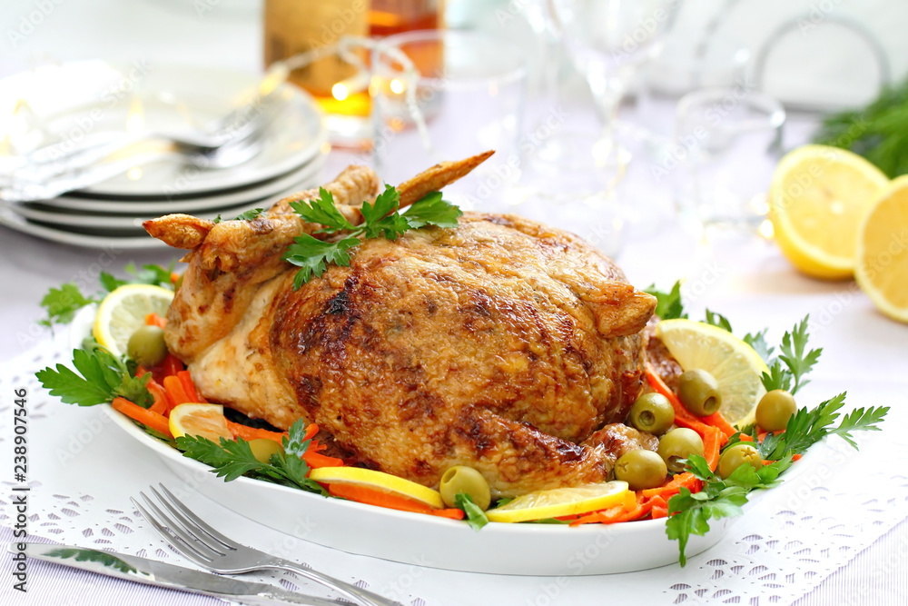 Celebratory food. Baked chicken stuffed with ham and mushrums for festive dinner Celebratory food. Baked chicken stuffed with ham and mushrums for festive dinner