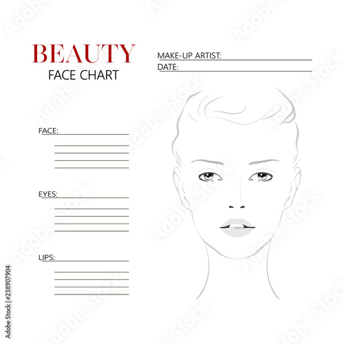 Beauty face chart. Beautiful woman with open eyes. Face chart Makeup Artist Blank Template. Vector illustration.