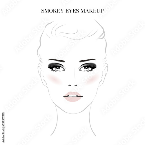 Beautiful woman face with smokey eyes make-up and nude lips hand drawn vector illustration. Stylish original graphics portrait with young girl model. Fashion  style  beauty. Graphic  sketch drawing.