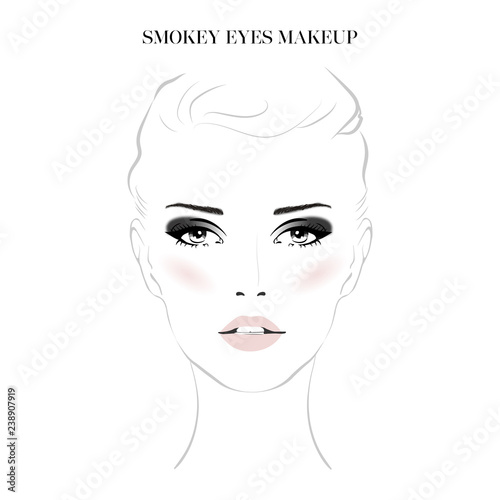 Beautiful woman face with smokey eyes make-up and nude lips hand drawn vector illustration. Stylish original graphics portrait with young girl model. Fashion, style, beauty. Graphic, sketch drawing.