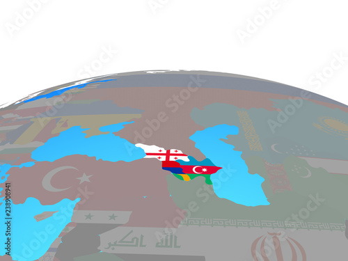 Caucasus region with national flags on political globe. © harvepino
