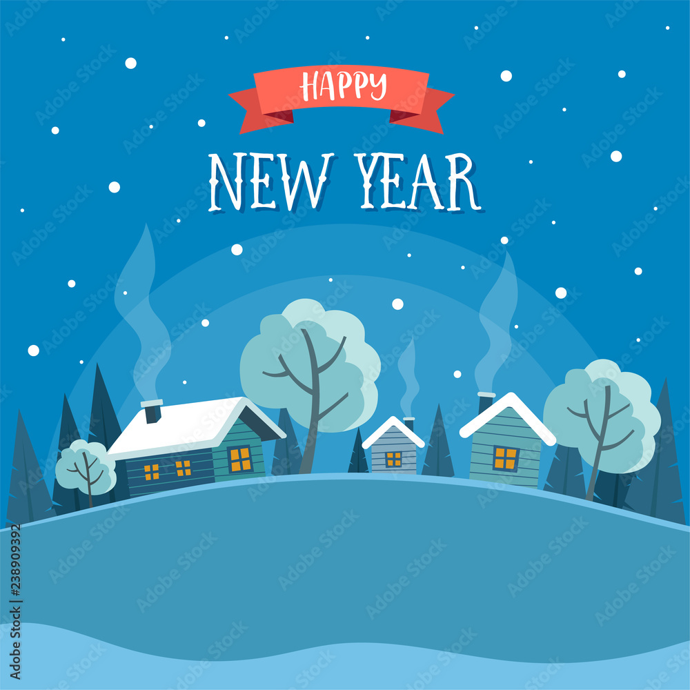 Happy new year greeting card with winter landscape and cute little houses and trees. Vector illustration design template with lettering