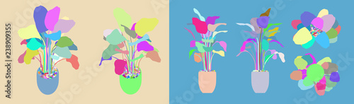 Colored isometric home plants isolated black background. Top front below parallel projection