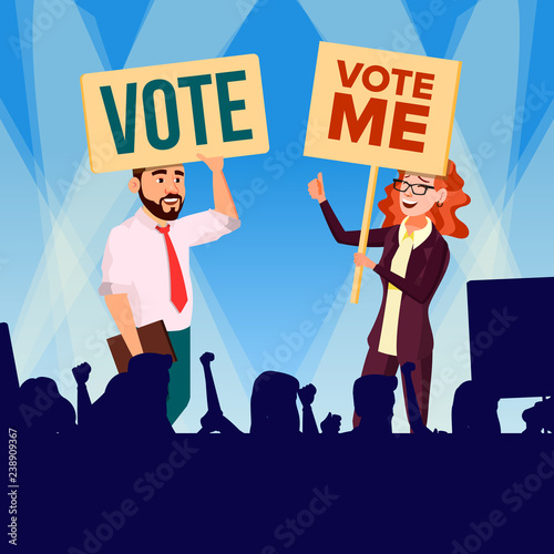 Agitation And Call To Vote Vector. Female And Male Characters Holding Broadsheet Vote And Shouting During Political Meeting. Illustration