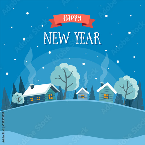 Happy new year greeting card with winter landscape and cute little houses and trees. Vector illustration design template with lettering