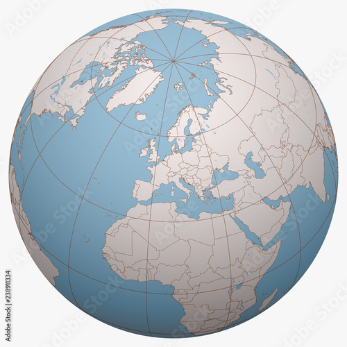 Liechtenstein on the globe. Earth hemisphere centered at the location of the Principality of Liechtenstein. Liechtenstein map.