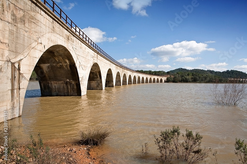 Railway line Cordoba - Almorchon, bridge of Las Navas, view from the bridge of Los Puerros, can be seen in the foreground, municipality of Espiel, reservoir of Puente Nuevo, near C—rdoba, Spain