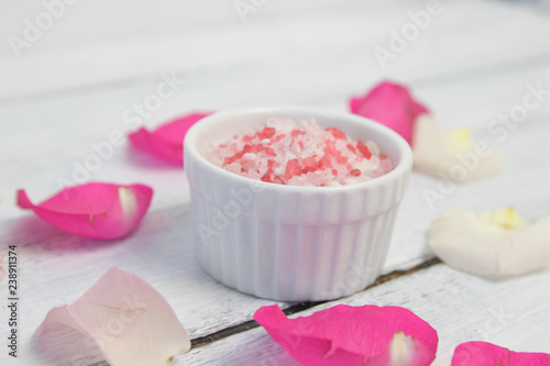 organic cosmetic with rose oil on white background top view. photo