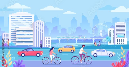Cityscape buildings and transport vector illustration.