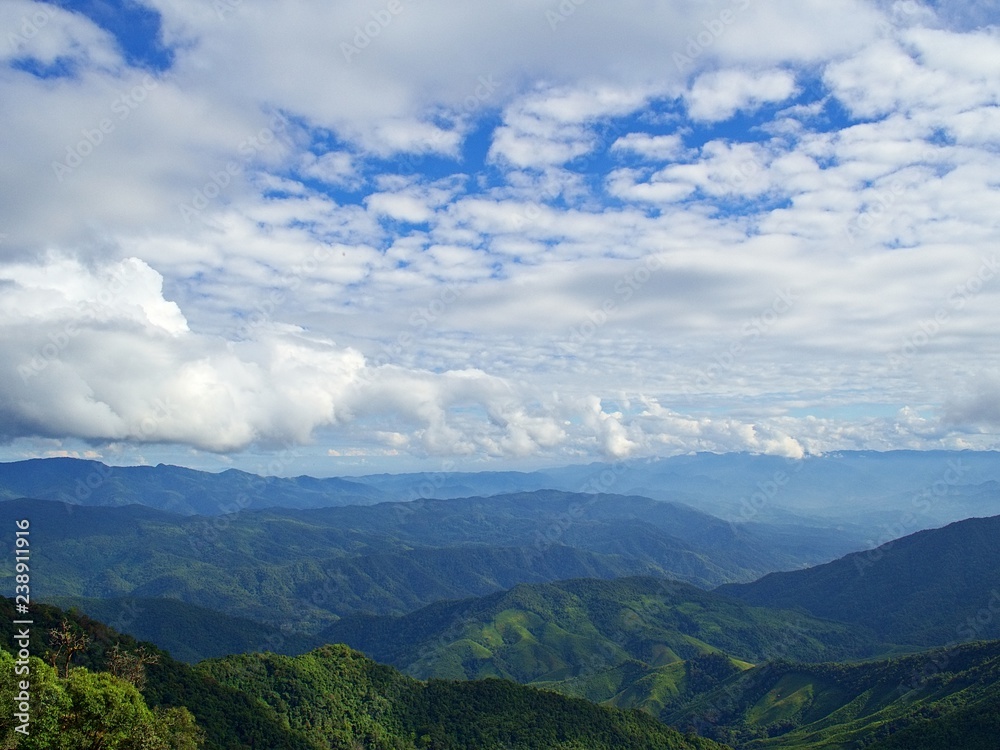 Landscape of afternoon green mountain and bluesky with cloud in viewpoint of Doi Phu Ka, Nan, Thailand