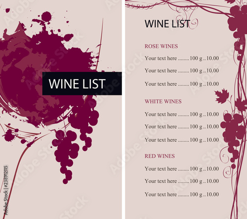 Vector Wine list for restaurant or cafe with a glass of wine with abstract wine spots and splashes, with a grapevine and a price list