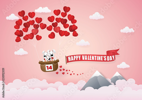 Vector and Illustration graphic digital craft style Balloon heart with dog family on the basket  floating in the sky  EPS 10.