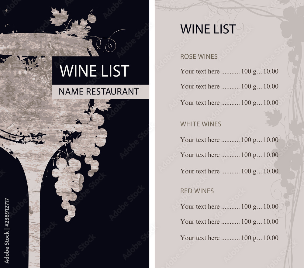 Fototapeta Vector wine list for restaurant with price list patterned by wine glass with wooden board texture on the black and beige background