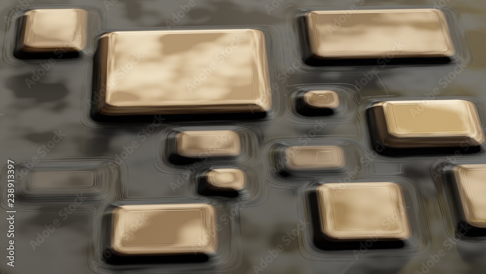 Raster golden texture, gold level lines pattern, curved square rounded metal plates background with reflection. Abstract dynamic surface. 3d illustration Raster golden texture, gold level lines pattern, curved square rounded metal plates background with reflection. Abstract dynamic surface. 3d illustration