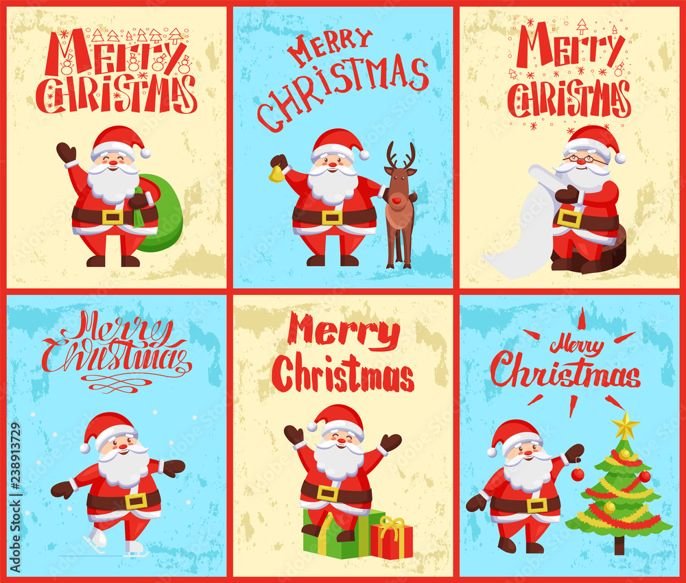 Merry Christmas Santa Claus Decorating Pine Tree Merry Christmas Santa Claus Decorating Pine Tree