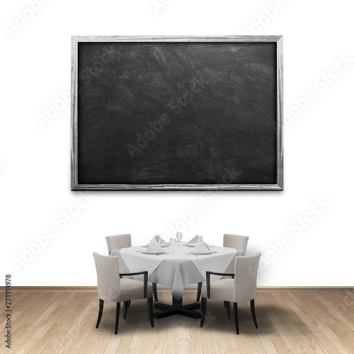 3d illustration rendering of restaurant furnished table and blank blackboard frame on wall