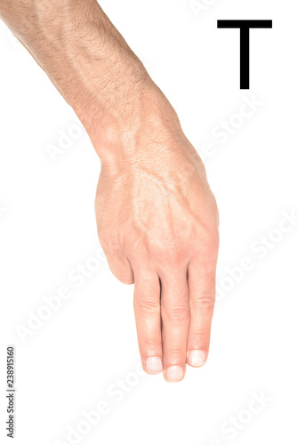 cropped view of man showing cyrillic letter, deaf and dumb language, isolated on white