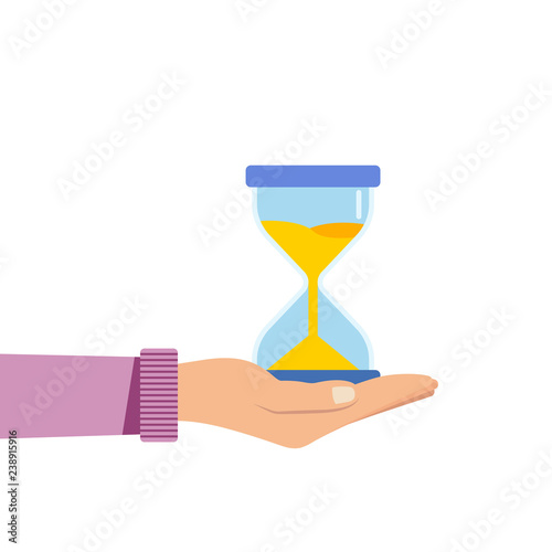 Human hand holds a hourglass. Business and time management concept. Isolated vector illustration c