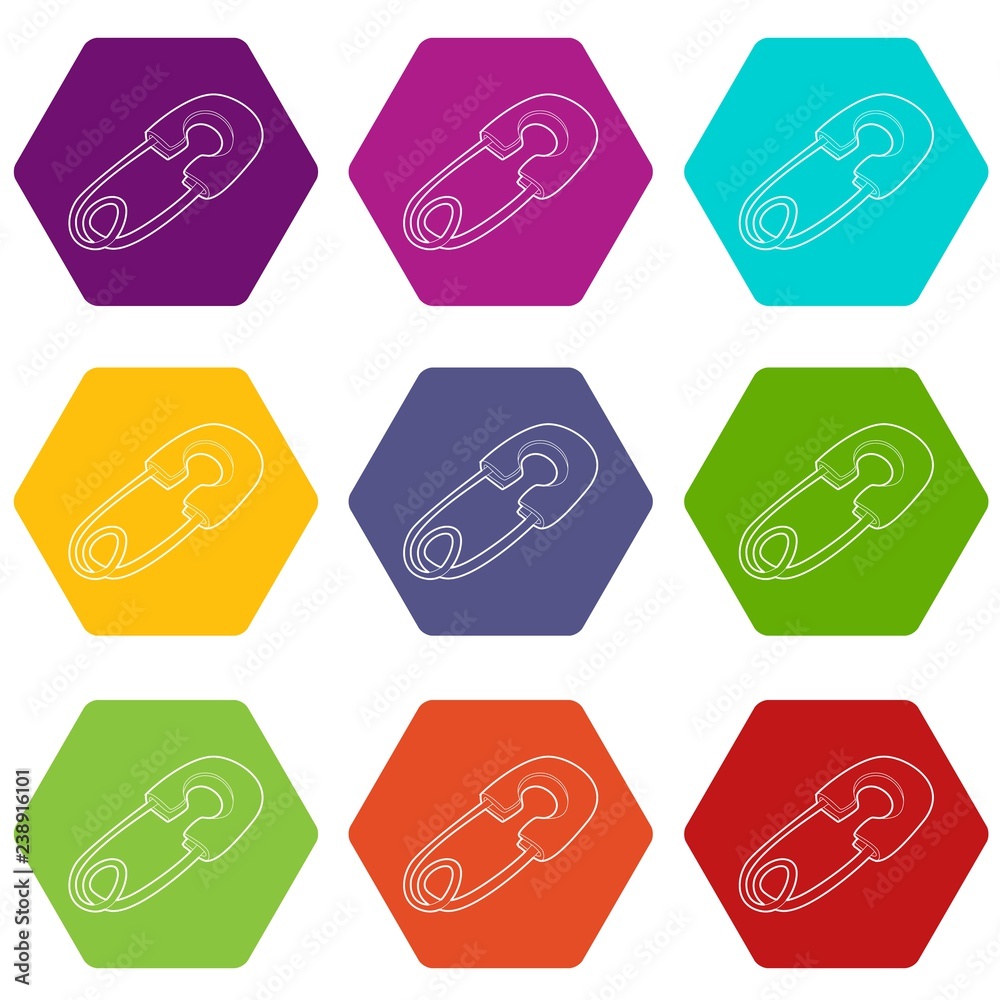 Safety pin icons 9 set coloful isolated on white for web Safety pin icons 9 set coloful isolated on white for web