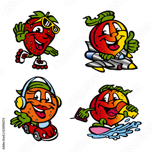 fruit mascot strawberry orange peach present skater surfer driver and pilot in aircraft and in car clipart