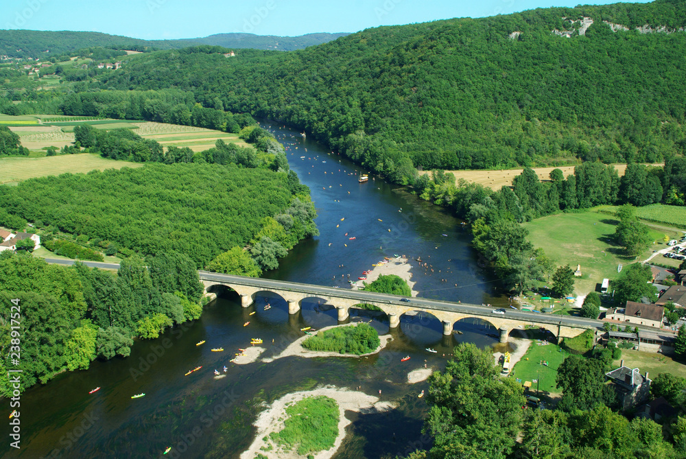 Amazing view on Dordogne river and green hills from high.