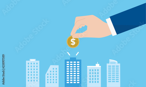 会社にお金を手渡すシンプルイメージイラスト、青背景、ベクター
