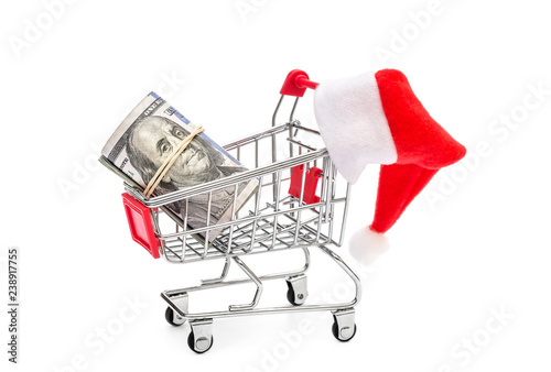 Shopping cart with Santa's hat and money on white. © igorkol_ter
