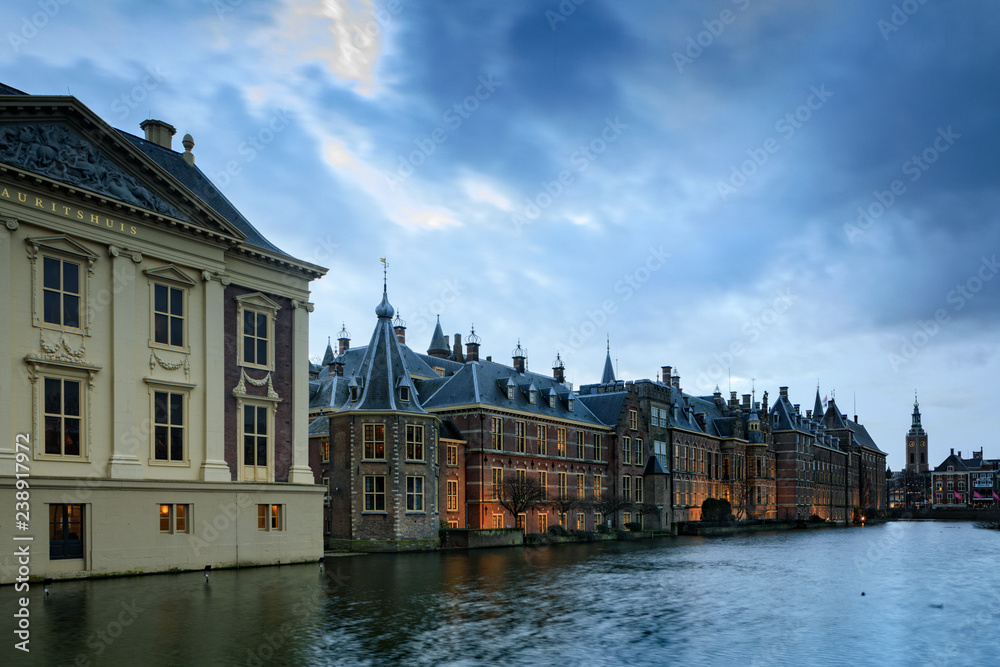 illuminated Dutch parliament buildings in The Hague
