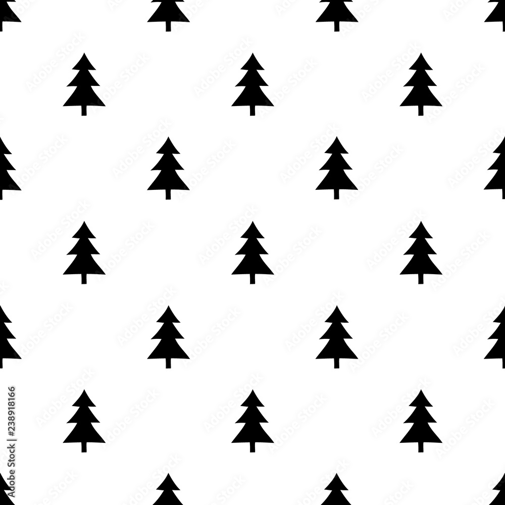 Hand drawing Christmas tree seamless pattern in minimalism black and white style. Packaging and decoration.
