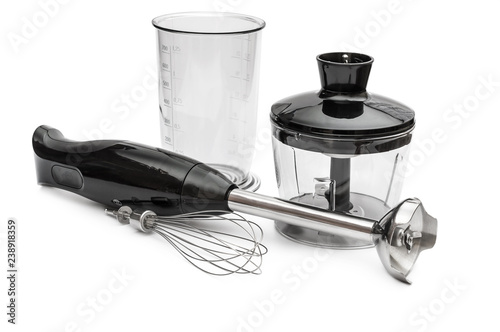 Hand blender with accessories on white background.