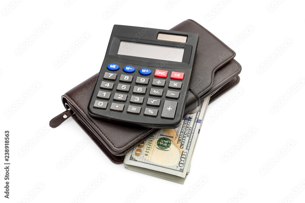 Calculator with purse and money on the white. Calculator with purse and money on the white.