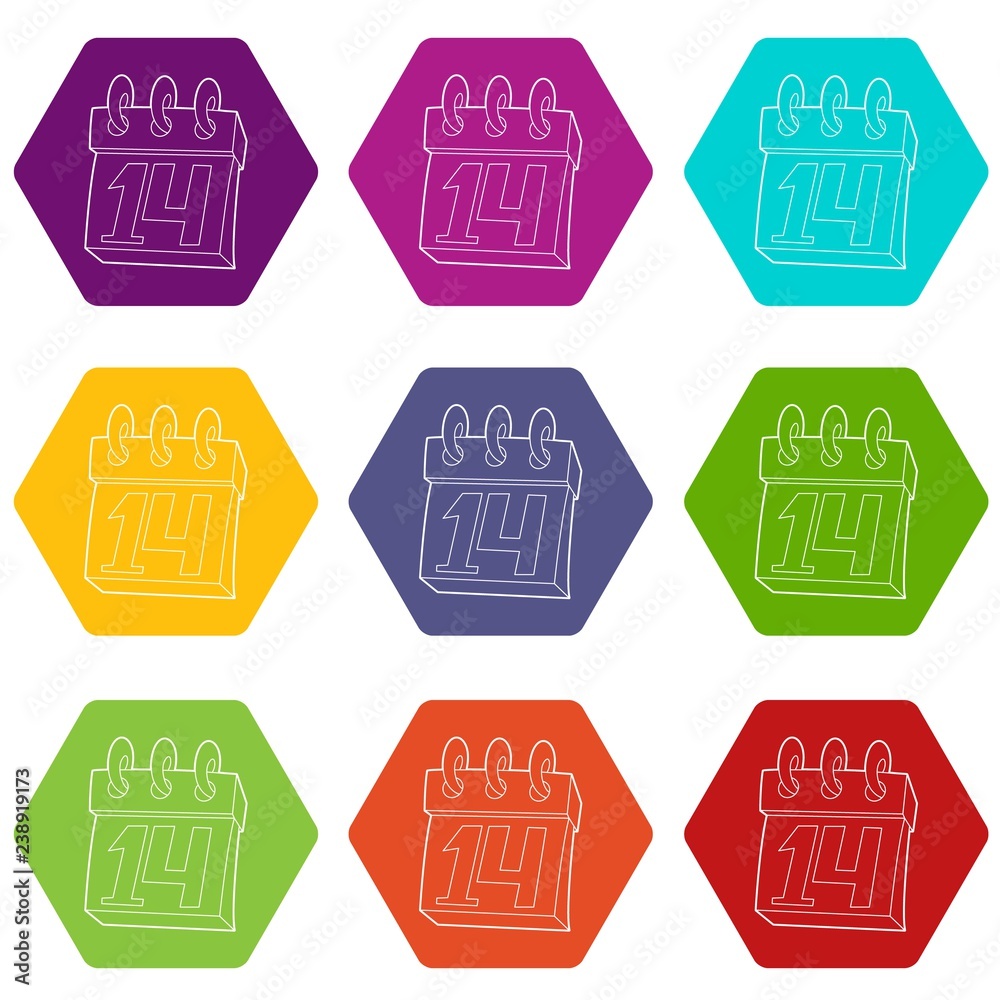 Calendar February 14 icons 9 set coloful isolated on white for web Calendar February 14 icons 9 set coloful isolated on white for web