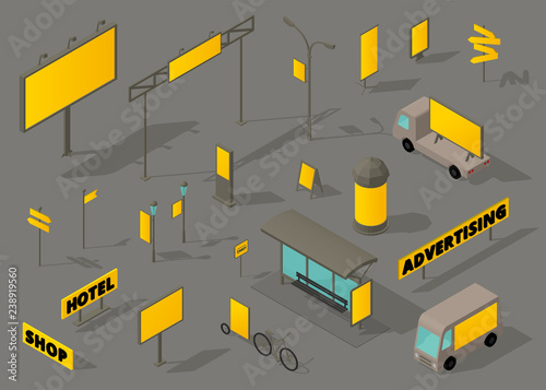 Outdoor out-of-home advertising media Isometric set. OOH formats.