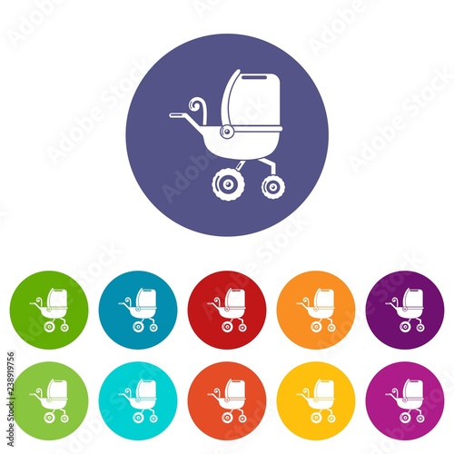 Baby carriage tricycles icons color set vector for any web design on white background