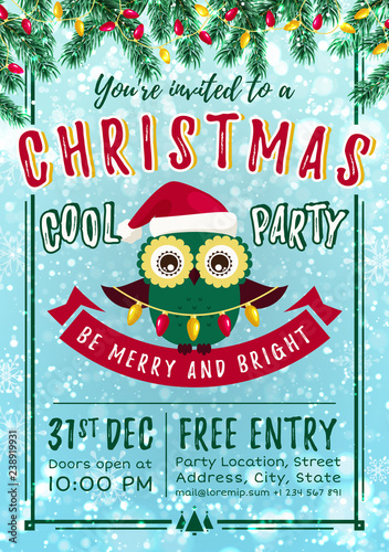 Christmas party invitation with owl. Vector template.