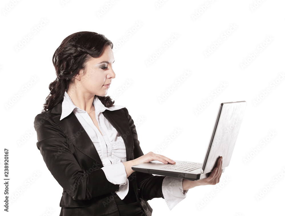 Portrait of a young happy business woman with a laptop over white background Portrait of a young happy business woman with a laptop over white background