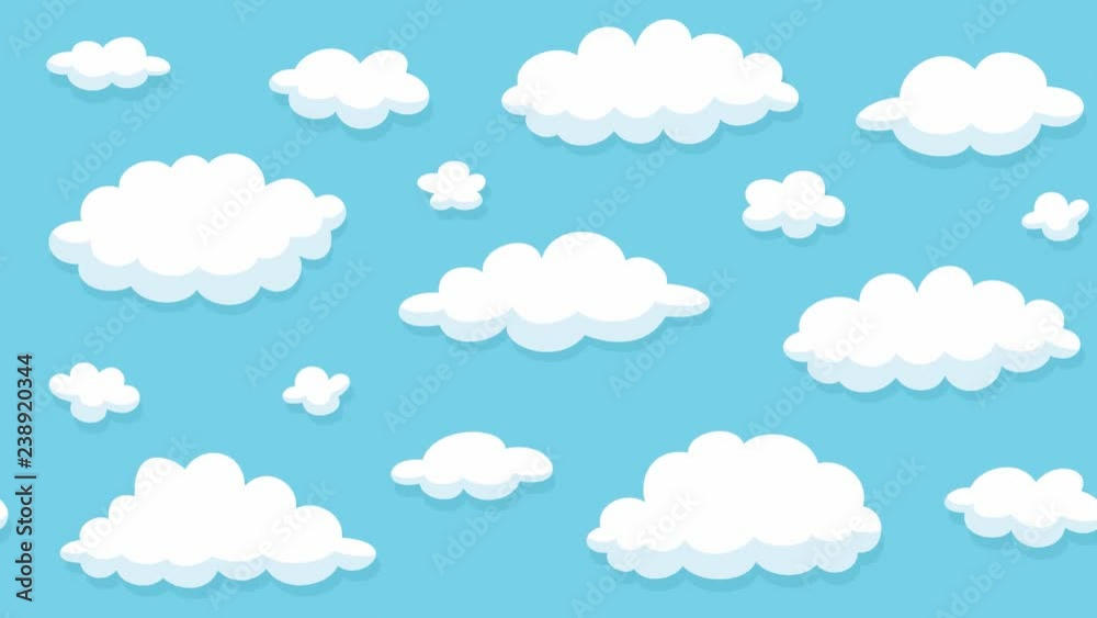 Blue sky full of clouds moving left to right. Cartoon sky animated background. Flat animation Blue sky full of clouds moving left to right. Cartoon sky animated background. Flat animation