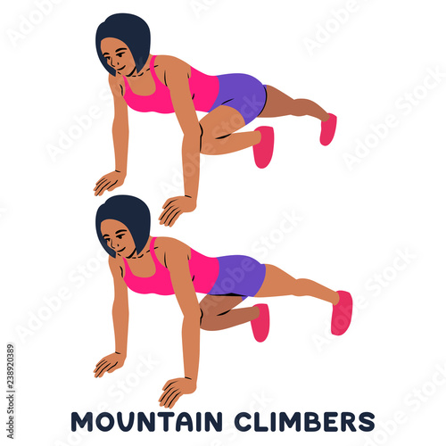 Mountain climbers. Sport exersice. Silhouettes of woman doing exercise. Workout, training.
