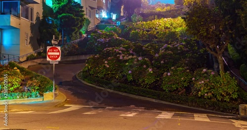 Bottom Lombard Street Time-lapse Closeup Night. a time-lapse zooming out the bottom of famous Lombard Street in San Francisco during night with traffic streaks