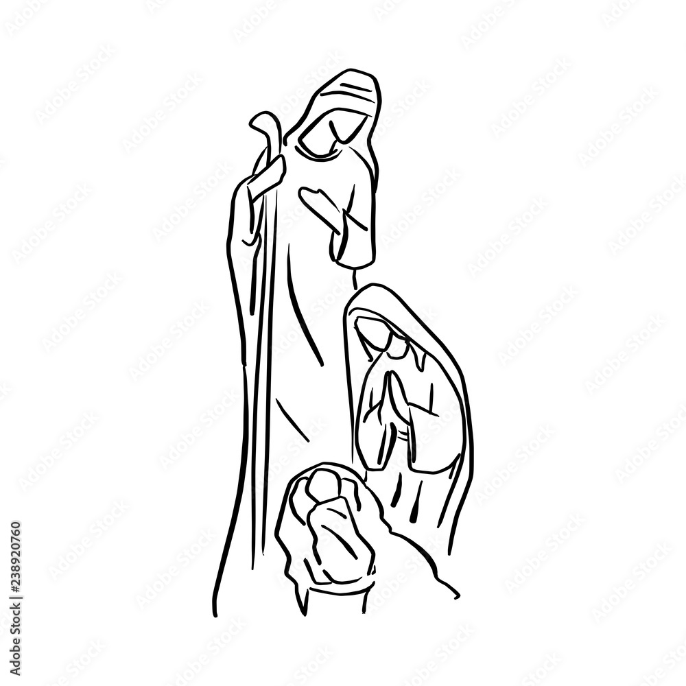 Nativity Scene of baby Jesus in manger with Mary and Joseph vector illustration sketch doodle hand drawn with black lines isolated on white background.