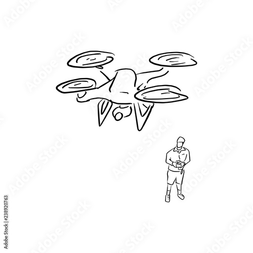 man operating of flying drone vector illustration sketch doodle hand drawn with black lines isolated on white background