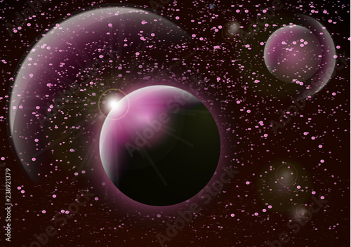 Deep space background. Universe with planets and bright stars. Effects of halo light on a dark background, flashes of light. Vector illustration.